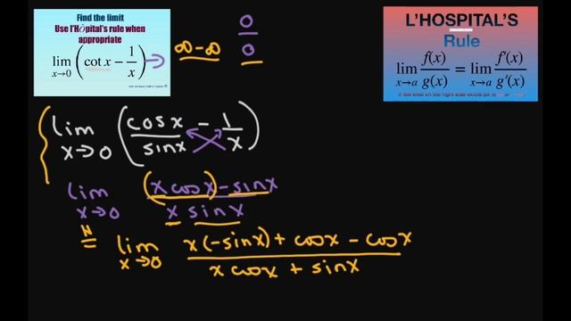 Find the limit as x approaches 0 (cot x - 1/x). L’Hopital’s Rule смотреть онлайн