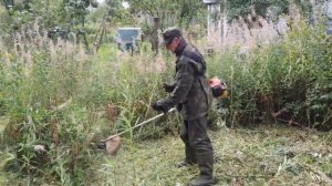 Покос травы бензиновым триммером