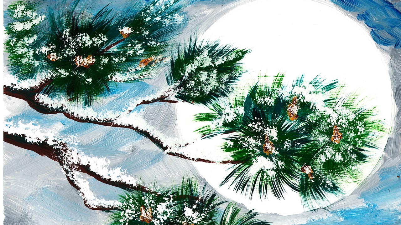 Как нарисовать ветку ели под луной. Рисуем зимний пейзаж. Рисуем зиму гуашью.