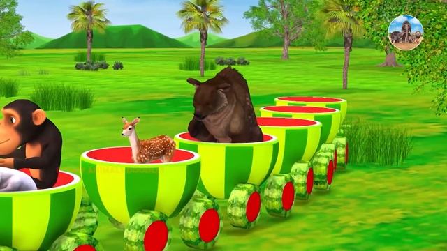 Monkey Watermelon Train Rides in Forest With Wild Animals Mammoth & giant Bull | Animals Train Vide смотреть онлайн