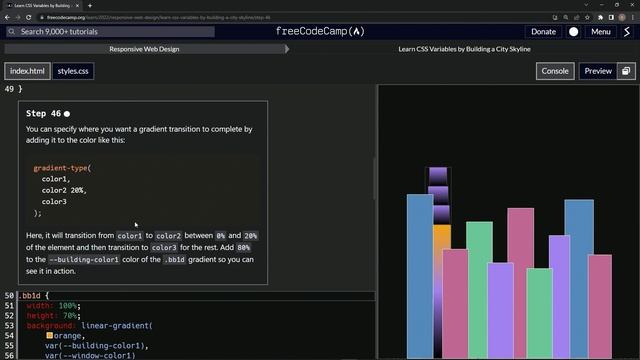 Learn CSS | FreeCodeCamp Learn CSS Variables by Building a City Skyline - Step 46