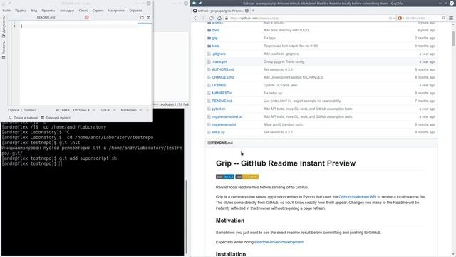 Предпросмотр README перед пушем на github.com - grip