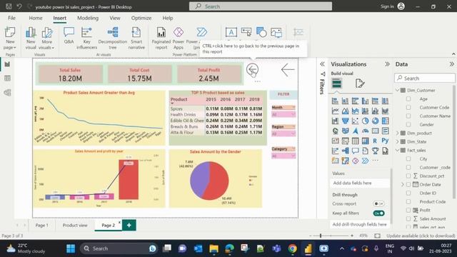 Power bi Tutorial 5,create Bookmark , back button and Page navigation, Use of  SUMX, PRODUCTX and