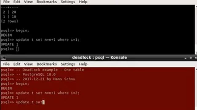 Deadlock transaction in a database with one table - PostgreSQL смотреть онлайн