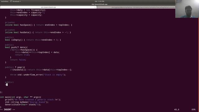 Datastructures in C++ live coding : Generic Stack push, pop, isEmpty, forEach functions