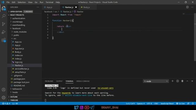 Project - 3 Facebook Part I ll React JS full Playlist 2022 ll Brainy Bhai
