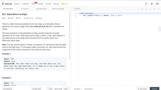 Leetcode 657. Robot Return to Origin Python