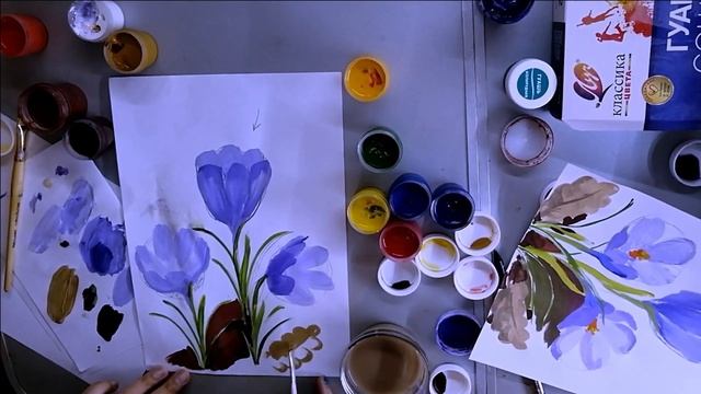 Рисуем поэтапно крокусы. "Весенние цветы крокусы". смотреть онлайн