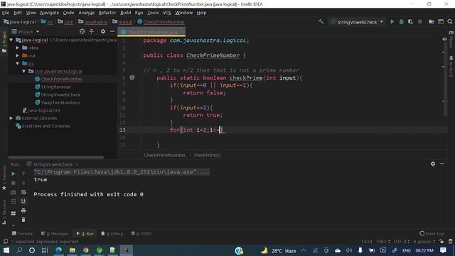 prime number check in java | Java logical questions | java shastra