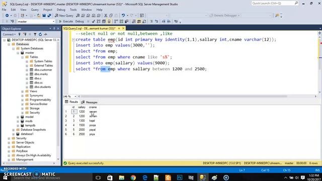 null,not null,between and like commands in sql server 2016 practical