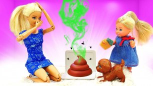 Щенок в доме Барби - ужасный беспорядок! Игры куклы Барби уборка в доме. Смешные видео для девочек