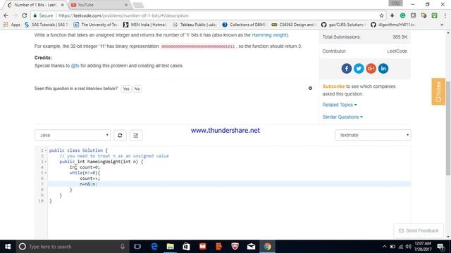 Leetcode 191 Number of 1 Bits смотреть онлайн