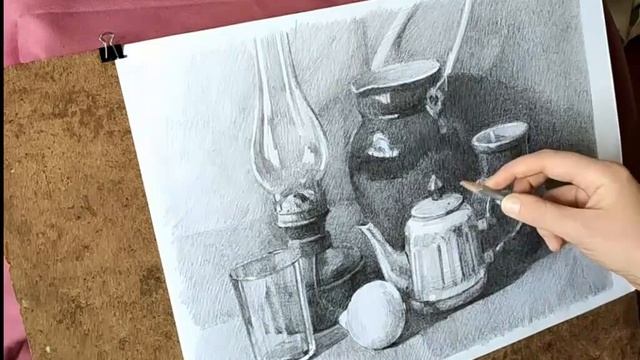 Рисование натюрморта с натуры ("Натюрморт с лимоном")/ process of drawing
