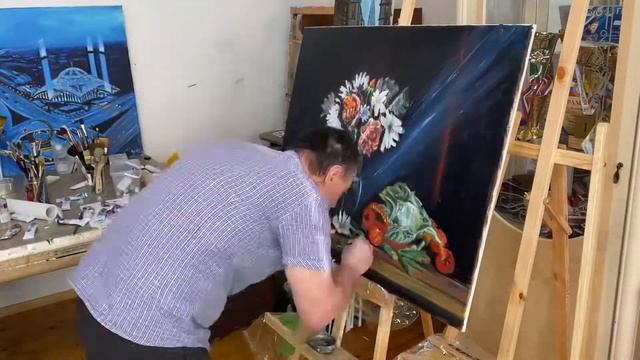 Натюрморт маслом на холсте, цветы, фрукты, овощи (3-этап)