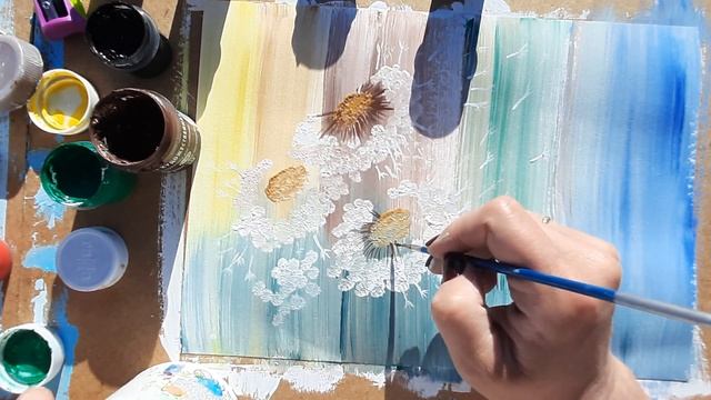 Как нарисовать одуванчики. Рисуем интерьерную картину. Как нарисовать пейзаж. Рисуем лето. смотреть онлайн