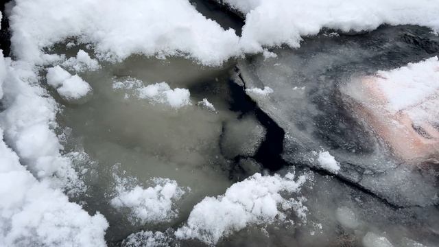 22ч. Пруд в начале декабря. Провалился лед. Ушла вода. Убирать снег с полыньи или нет? смотреть онлайн