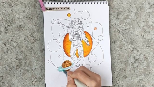 Космонавт. Пошаговое рисование маркерами
