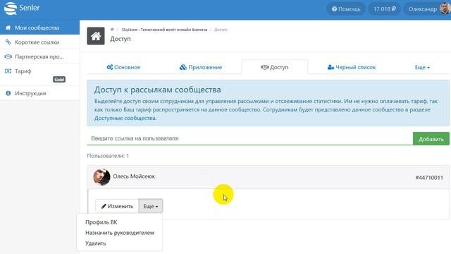 Выдача доступа к управлению сервисом рассылок Senler для сотрудников