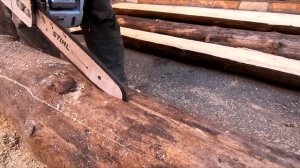 Продольный распил бревна бензопилой STIHL MS 180