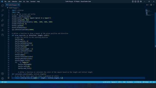 Drawing a Colorful Square Spiral Using Python Turtle Graphics Library
