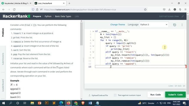 Lists in python | lists hackerrank solution python | list operation in python