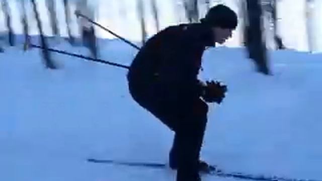Спуск с горки и прыжок с трамплина на лыжах (Jumping on a trampoline on skis)