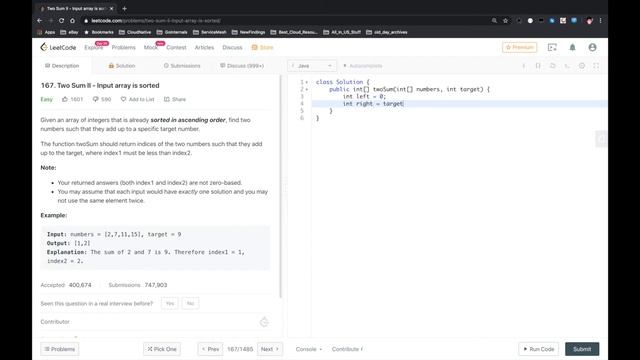 LeetCode - Two Sum II - Input array is sorted