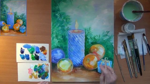 Как нарисовать новогоднюю свечу. Новогодняя композиция со свечой. Новогоднее настроение. Акрил смотреть онлайн