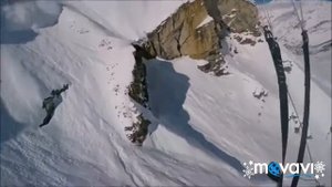 Лыжник удирает от лавины.Профессиональный спуск, в шаге от лавины.Везучесть и экстрим на лыжах.