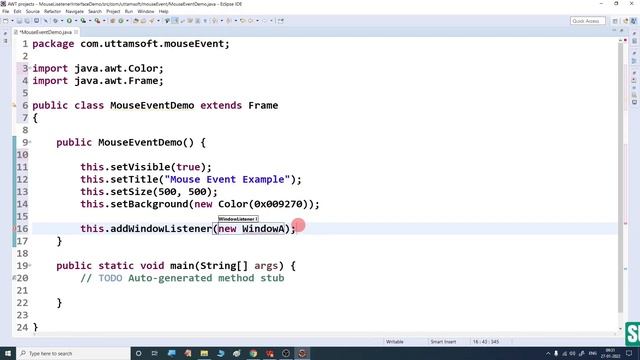 MouseListener Interface in java | methods of | example | java awt | hindi