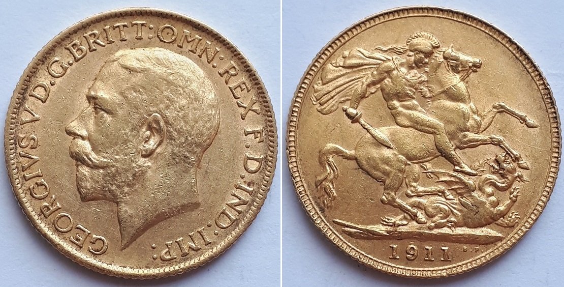 Монета Великобритании соверен (фунт) 1911, Георг V, золотая монетая.