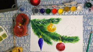 Рисуем ветку елки с игрушками -шарики! Рисуем птичку!
