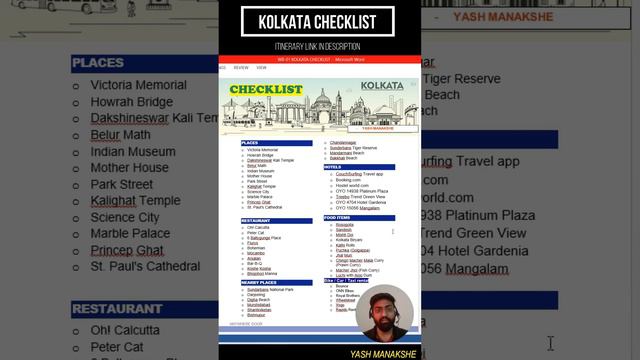 Kolkata Checklist - Top Places, Food, free Hotel, Things to remember, PDF format