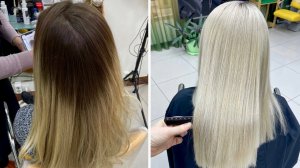 Тотальный блонд с темным корнем. Обесцвечивание коричнево - каштановых волос и желтой длины