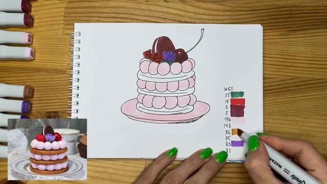 Рисунок скетч маркерами "Пирожное 1" для скетчбука | Срисовка картинки для начинающих