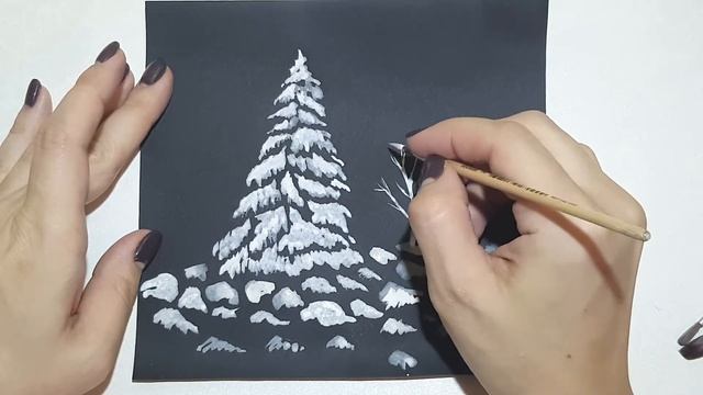 Ель в зимнем лесу | белой гуашью на черном фоне| смотреть онлайн