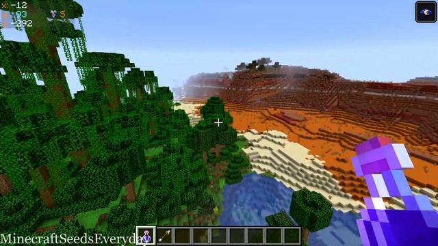 Minecraft Java 1.16.5 Seed: Jungle temple with diamonds mesa village and exposed mineshaft at spaw