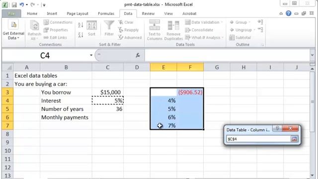 Excel data tables
