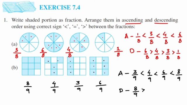 1Q Ex 7.4 Fraction class 6 maths.write the shaded portion as fraction . arrange them in ascending.. смотреть онлайн