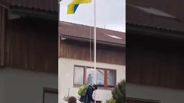 В Европе подросток снимает украинский флаг.