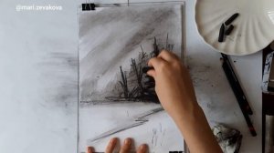 Charcoal sketch. Пейзаж углем