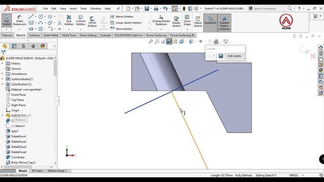 Solidworks mold design - Create Slider Core - Elbow 2/4