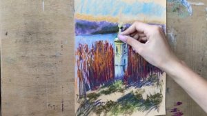 Пейзаж сухой пастелью | Церковь на закате