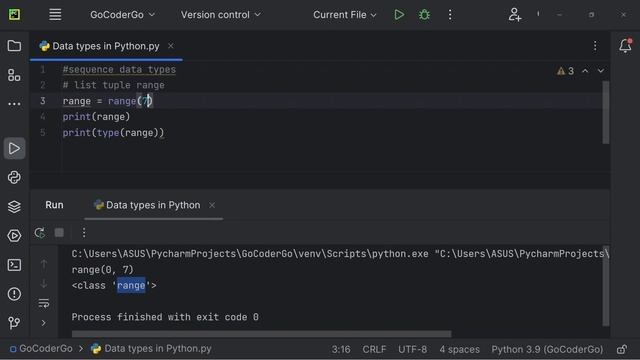 Data types in Python |  str, list , tuple , range , int, float, complex, set, dict . | @GoCoderGo