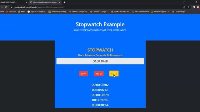 STOPWATCH WITH START STOP RESET NOTE  IN JAVASCRIPT
