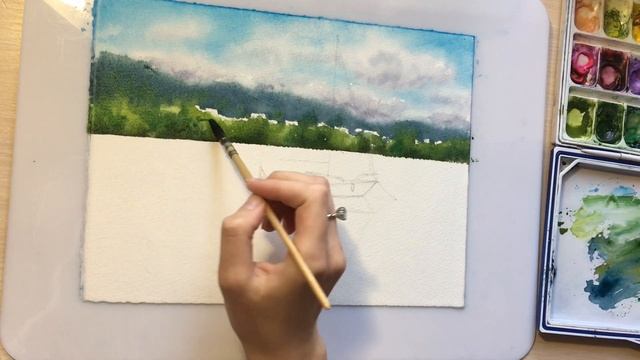 Рисуем лодку на озере акварелью | Watercolor painting смотреть онлайн