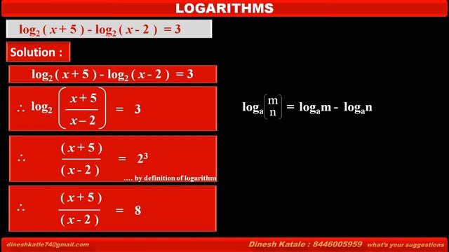 LOGARITHMS 14. Solve the given equation log2 ( x + 5 ) - log2 ( x - 2 ) = 3 смотреть онлайн