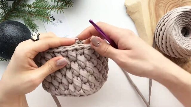Узор «Шишечки» крючком | Бесшовное соединение ряда | Корзинка из трикотажной пряжи