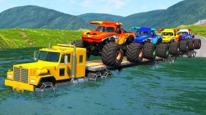 Double Flatbed Trailer Truck vs Speedbumps Train vs Cars vs Lawa Beamng.Drive BeamNG Flatbed