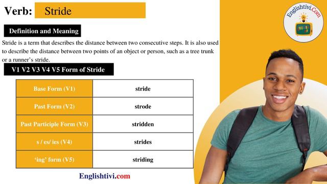 Stride V1 V2 V3 V4 V5 Base Form, Past Simple, Past Participle Form of Stride | Englishtivi.com
